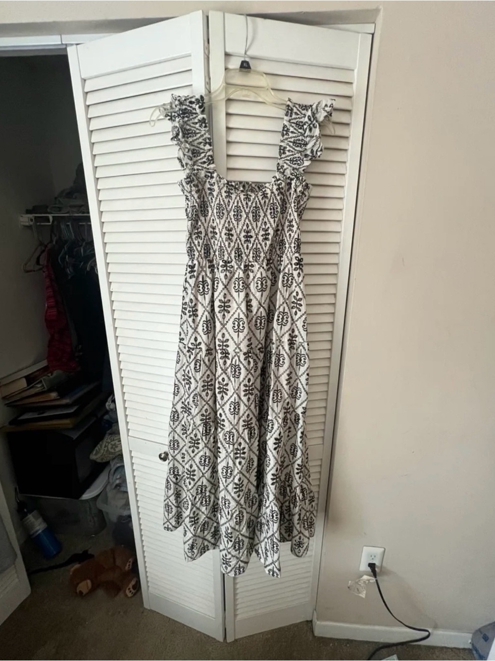Smocked Ruffle Strap Maxi Dress - Black & White Geometric